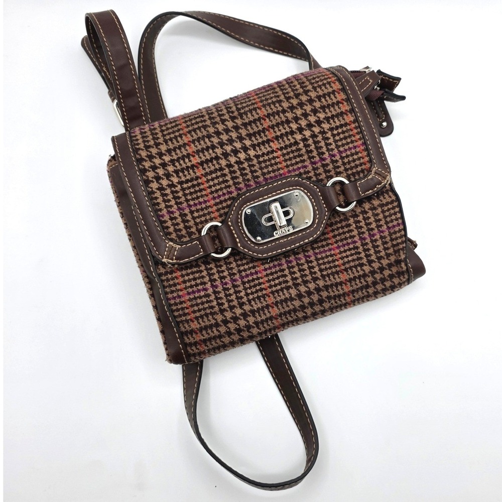 Chaps Vintage Brown Houndstooth Plaid Wool Crossbody Bag Mid 2000s Messenger